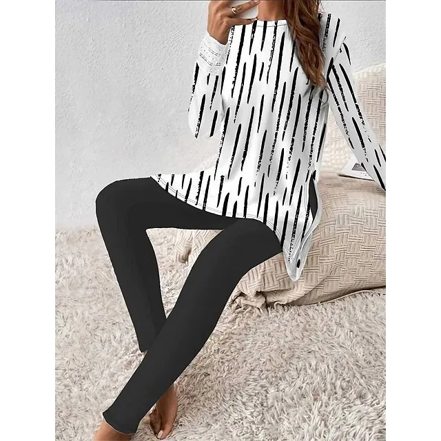 Women's T shirt Tee Pants Sets Floral Graphic Striped Casual Daily Black White Dark Navy Print Long Sleeve Fashion Crew Neck Regular Fit Fall & Winter