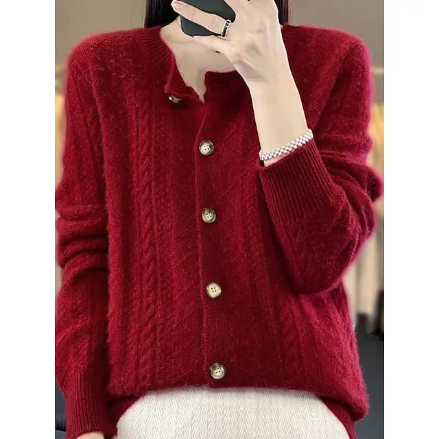 Women's Cardigan Stand Collar Ribbed Knit Polyester Button Knitted Fall Winter Regular Outdoor Daily Going out Stylish Casual Soft Long Sleeve Solid Color Wine Camel Purple One-Size