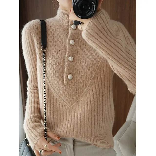 Women's Cardigan Stand Collar Ribbed Knit Polyester Button Knitted Fall Winter Regular Outdoor Daily Going out Stylish Casual Soft Long Sleeve Solid Color White Khaki S M L