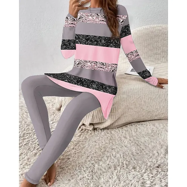 Women's T shirt Tee Pants Sets Color Block Casual Daily Pink Blue Purple Print Long Sleeve Fashion Round Neck Regular Fit Spring & Fall