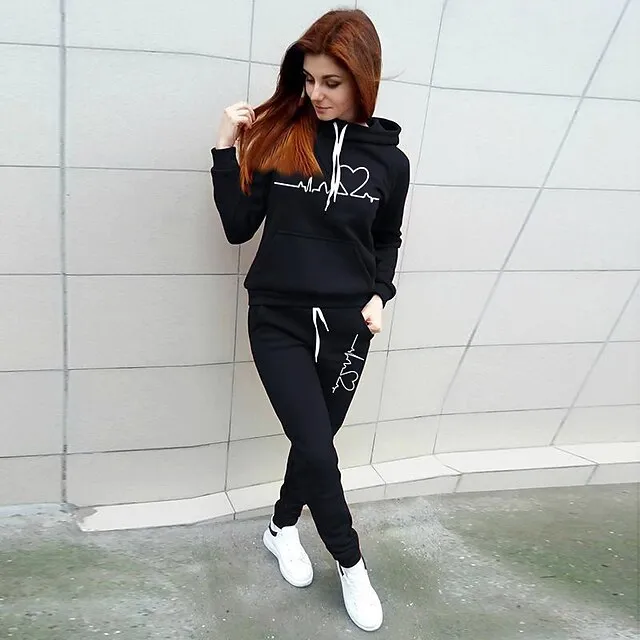 Women's Hoodie Tracksuit Pants Sets Graphic Outdoor Casual Black Pink Red Print Drawstring Long Sleeve Warm Sports Hooded Regular Fit Fall & Winter
