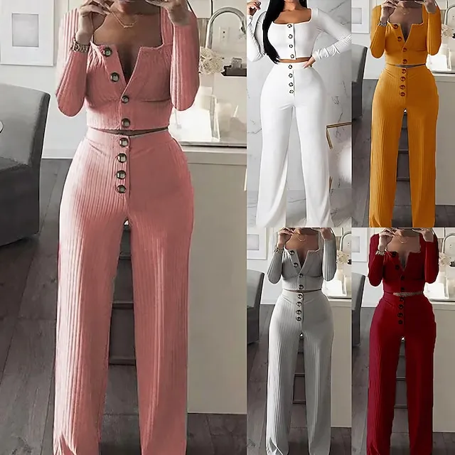 Women's Crop Top Pants Sets Solid Color Outdoor Casual White Yellow Pink Long Sleeve Daily Square Neck Regular Fit Fall & Winter
