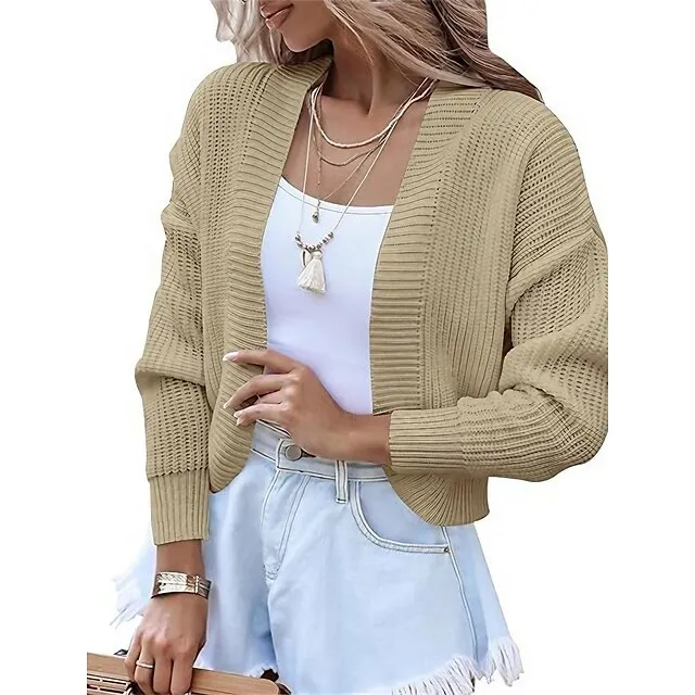 Women's Cardigan V Neck Ribbed Knit Acrylic Knitted Fall Winter Short Outdoor Daily Going out Fashion Streetwear Casual Long Sleeve Solid Color Black White Khaki S M L