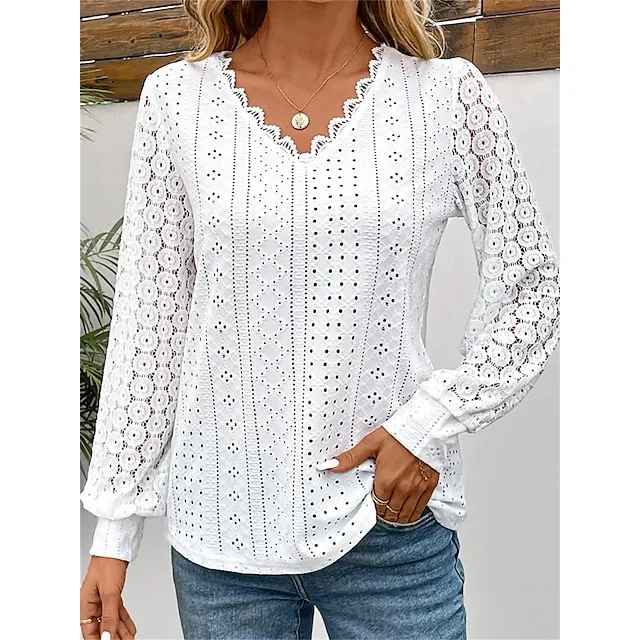 Women's Shirt Blouse Plain Casual White Blue Lace Patchwork Long Sleeve Fashion V Neck Regular Fit Spring & Fall
