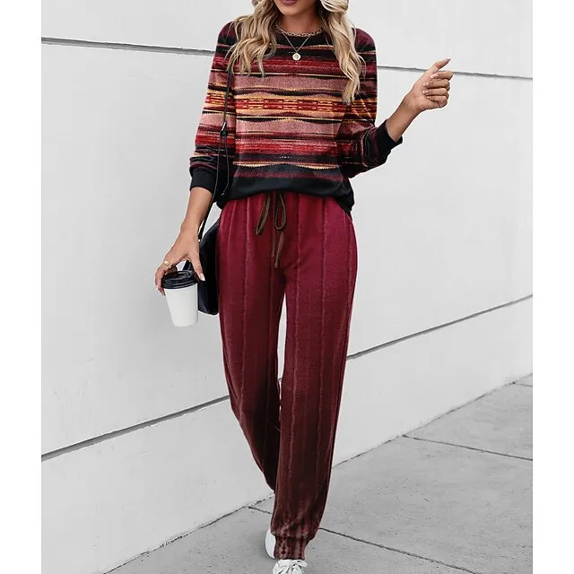 Women's Sweatshirt Tracksuit Pants Sets Striped Outdoor Casual Red Blue Green Print Drawstring Long Sleeve Sports Daily Round Neck Regular Fit Spring & Fall