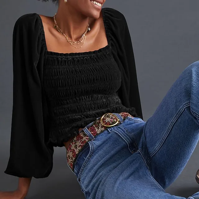 Shirt Blouse Women's Black Red Blue Plain Casual Elegant Square Neck Velvet Regular Fit Lantern Sleeve S