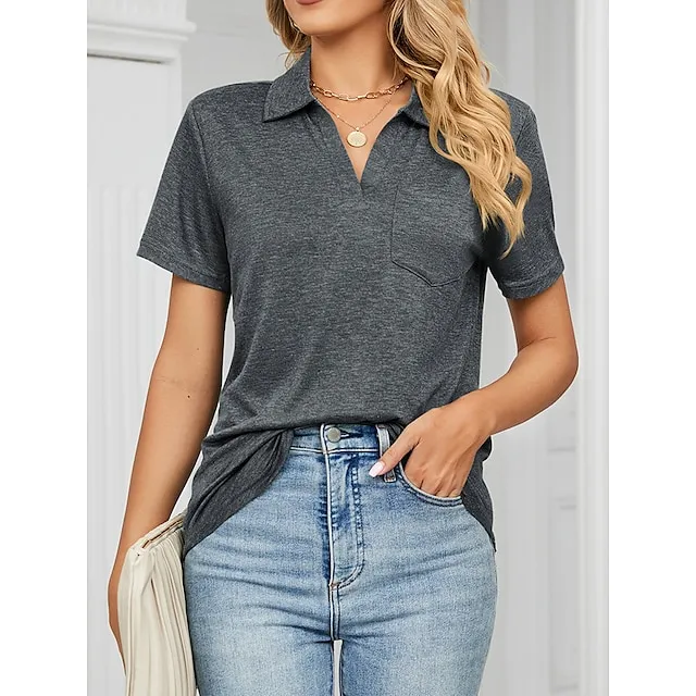 Polo T shirt Tee Women's Black White Wine Solid Color Pocket Daily Daily Shirt Collar Regular Fit S